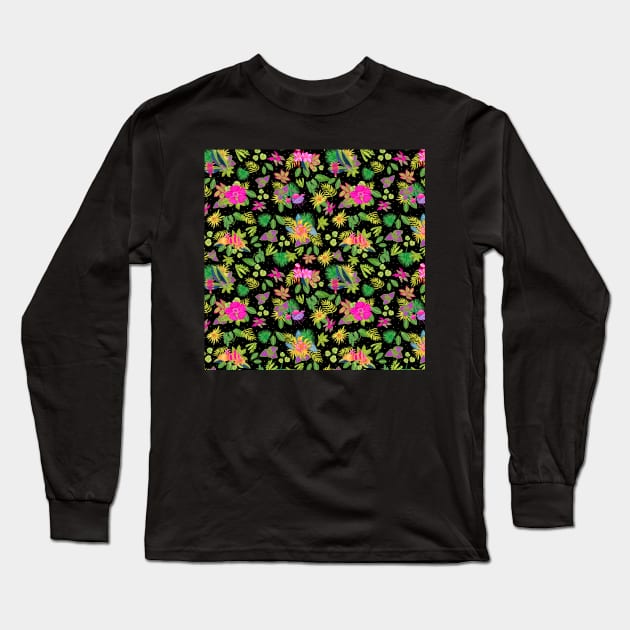 Tropical Flowers on Black Backgroud Long Sleeve T-Shirt by MarcyBrennanArt